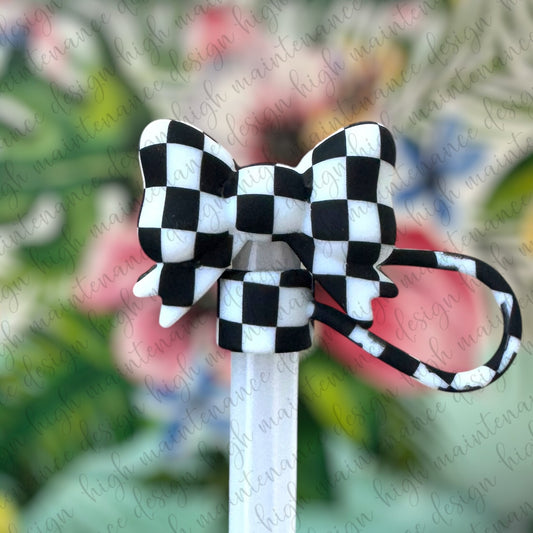 Checkered Black and White 3D Bow Straw Topper 10mm