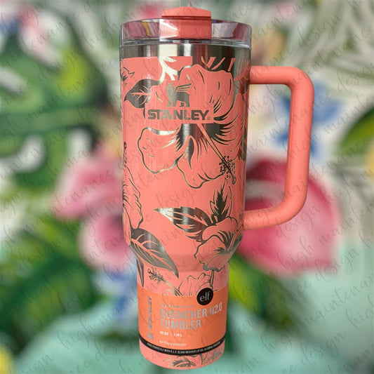 Coral Fixation Hibiscus Laser Engraved Stanley Tumbler 40oz